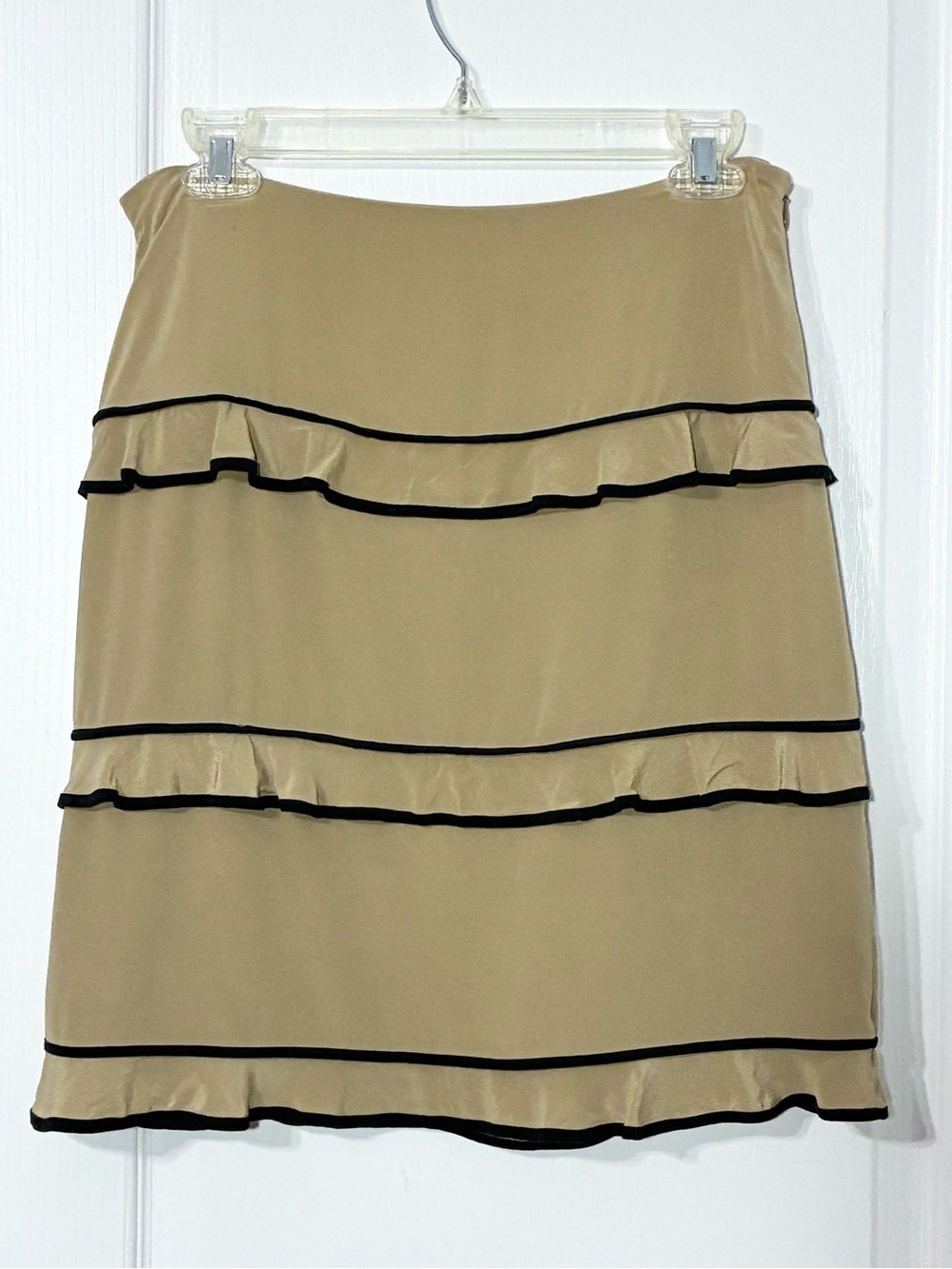 Y2K VTG Doncaster SILK Ruffle Trim Pencil Skirt Tan Black Size 6